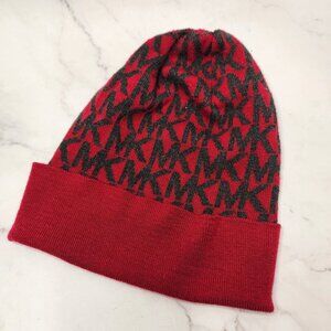 Michael Kors Monogrammed Logo Knit Beanie Hat Red Grey Winter Women's OS